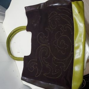 CIRQUE DU SOLIEL EMBROIDERED HANDBAG DARK BROWN TRIMMED IN OLIVE NEW WITH TAGS